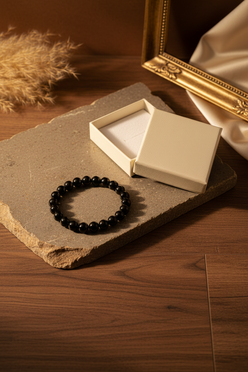 Natural Black Obsidian Bracelet — Stone & Floor Luxury Flat Lay
