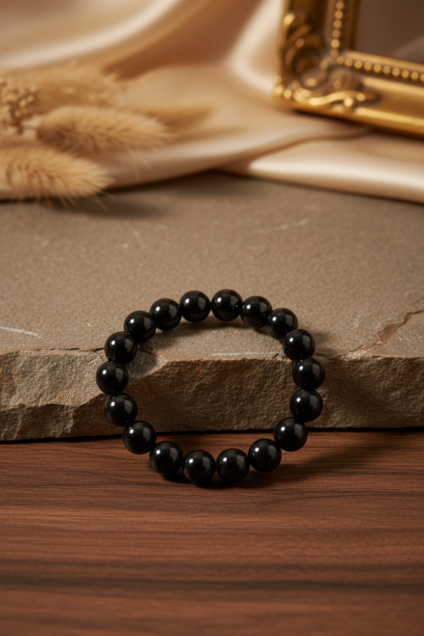 Natural Black Obsidian Bracelet — Stone & Floor Luxury Flat Lay