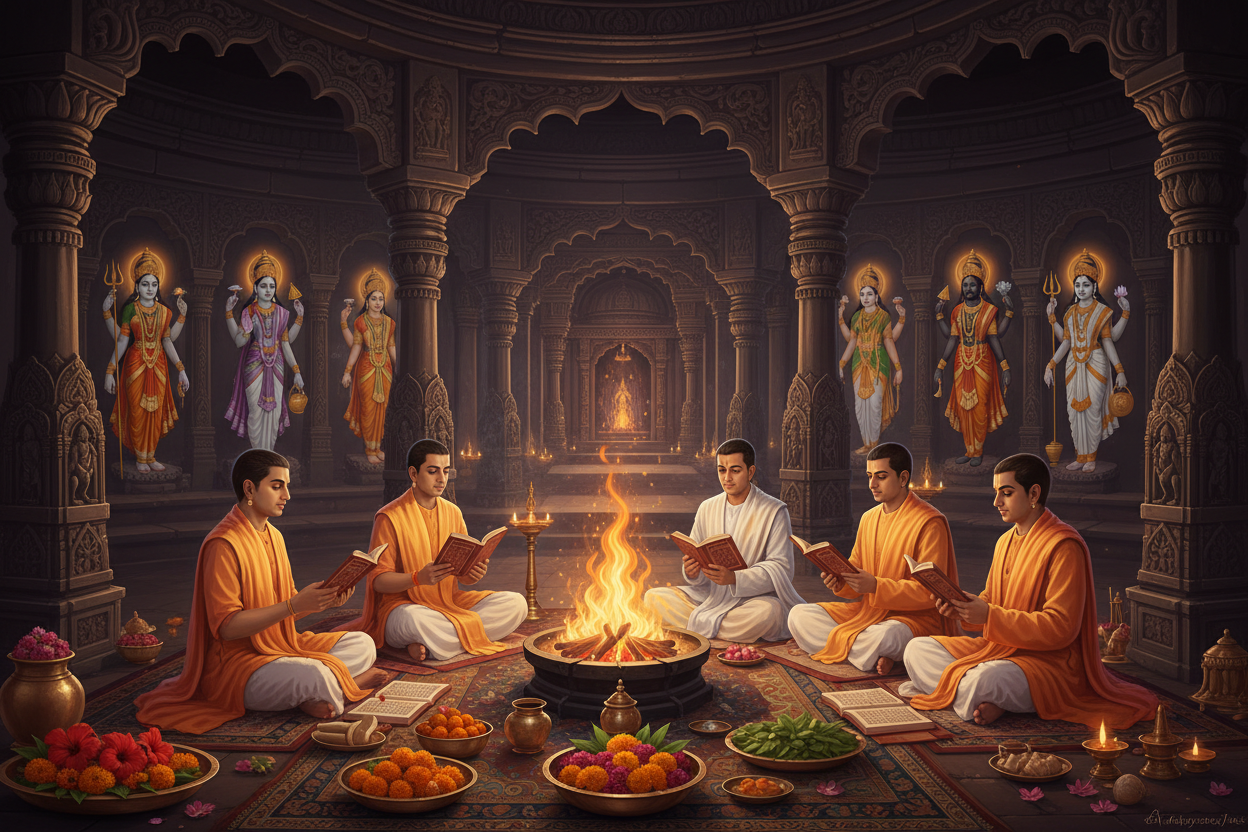 Nav Chandi (Durga Saptashati) Paatha at Kamakhya Temple-Navchandi Paath, 5,6 pandits doing pujas , mention all 9 lords in bg 
