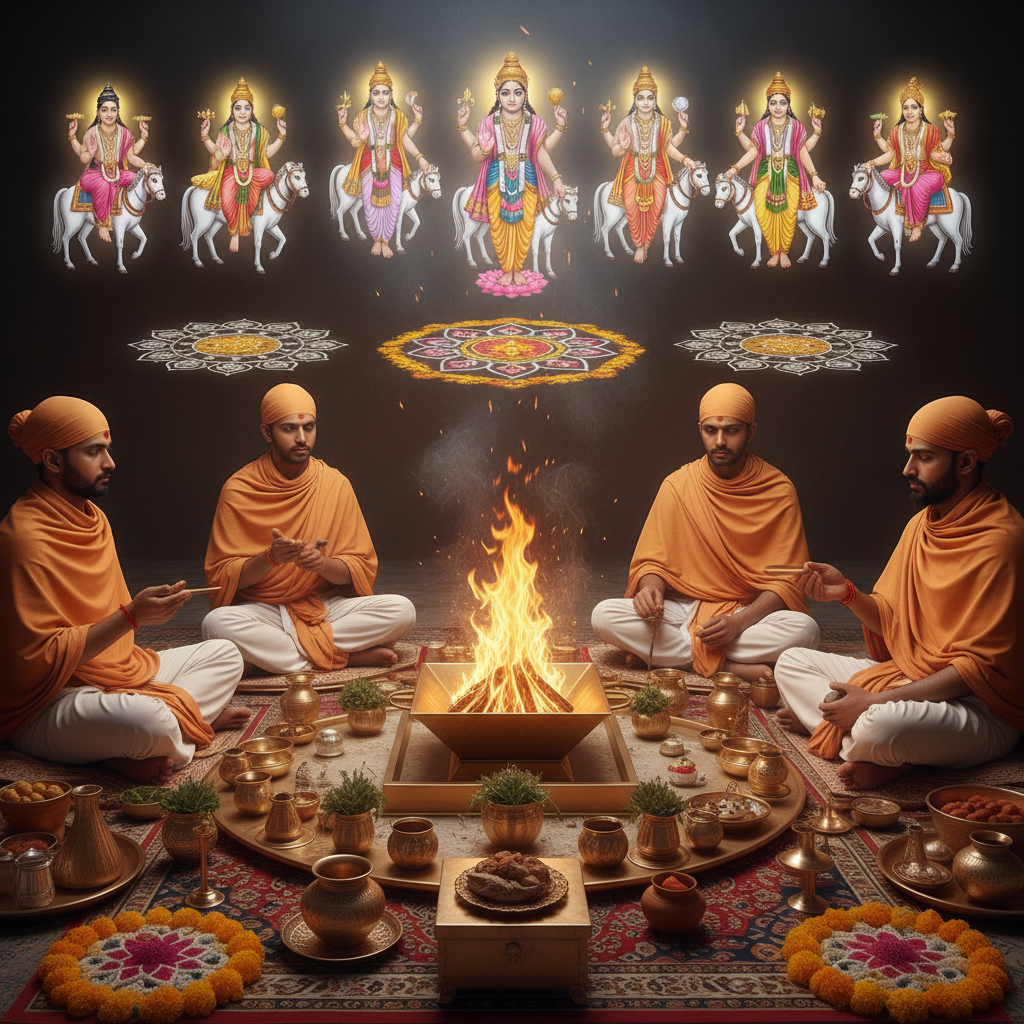 Navagraha Shanti Puja at Prayagraj, Square image of  Puja with specific Lord visuals glowing in the background, 4–6 pandits sitting and performing pooja around a havan kund, traditional setup, spiritual atmosphere, high-quality.