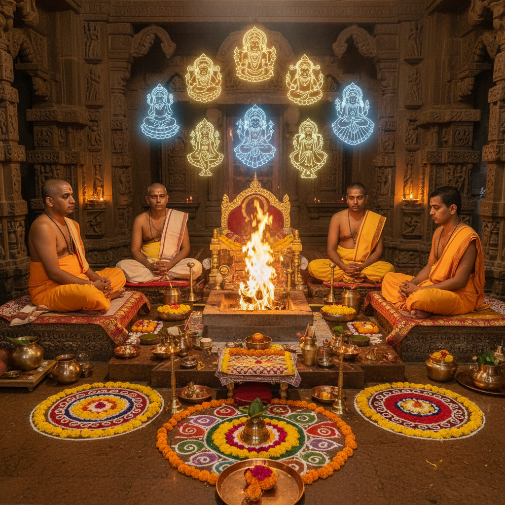 Navagraha Shanti Puja at Vindhyavasini Temple, Square image of  Puja with specific Lord visuals glowing in the background, 4–6 pandits sitting and performing pooja around a havan kund, traditional setup, spiritual atmosphere, high-quality.