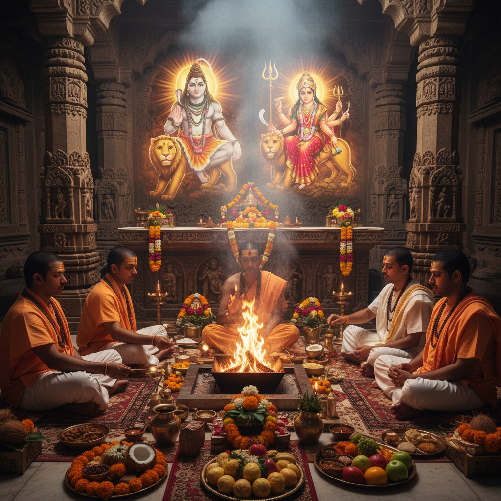 Navchandi Paath & Havan at Nalkheda Temple Ujjain-Navchandi Paath, Square image of  Puja with specific Lord visuals glowing in the background, 4–6 pandits sitting and performing pooja around a havan kund, traditional setup, spiritual atmosphere, high-quality.