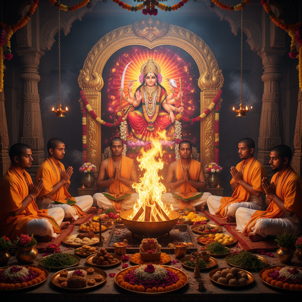 Navchandi Paath & Havan at Nalkheda Temple Ujjain-Samputit Navchandi Paath, Square image of  Puja with specific Lord visuals glowing in the background, 4–6 pandits sitting and performing pooja around a havan kund, traditional setup, spiritual atmosphere, high-quality. 