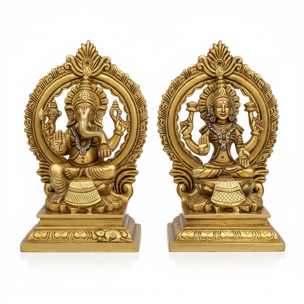 Painted Ganesh Laxmi on Lotus Pedestal with Arch Brass Idol - White Background