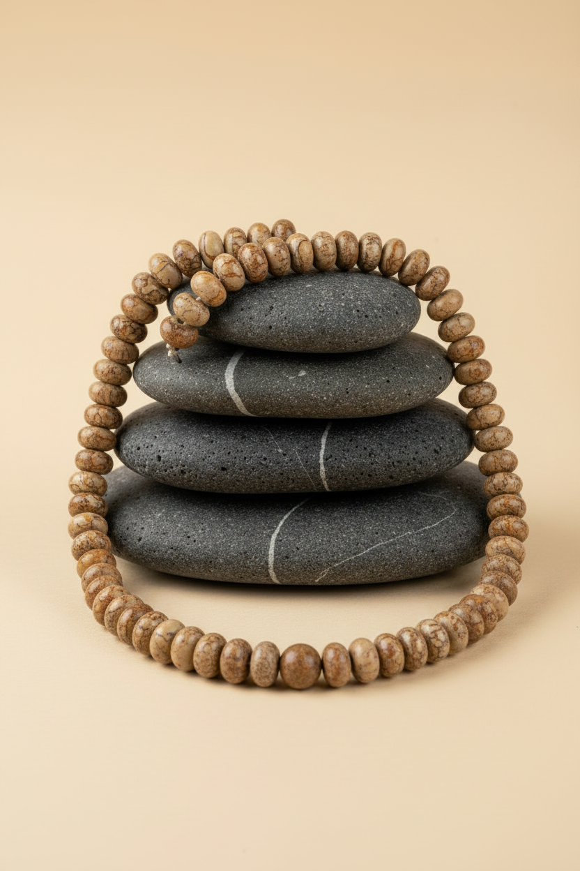 Natural Picture Jasper Elliptical Beads Mala | Grounding