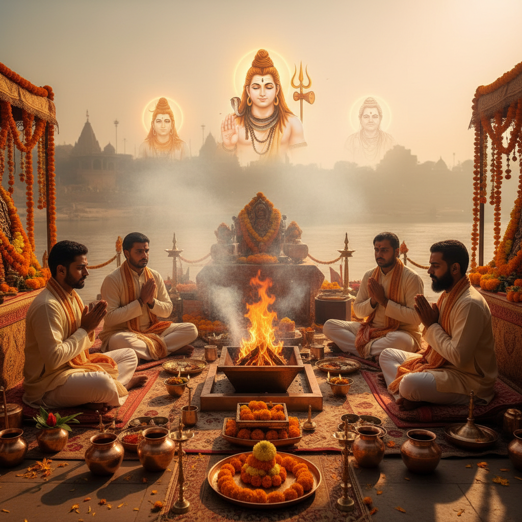 Pitru Dosh Nivaran Puja at Prayagraj, Square image of  Puja with specific Lord visuals glowing in the background, 4–6 pandits sitting and performing pooja around a havan kund, traditional setup, spiritual atmosphere, high-quality.