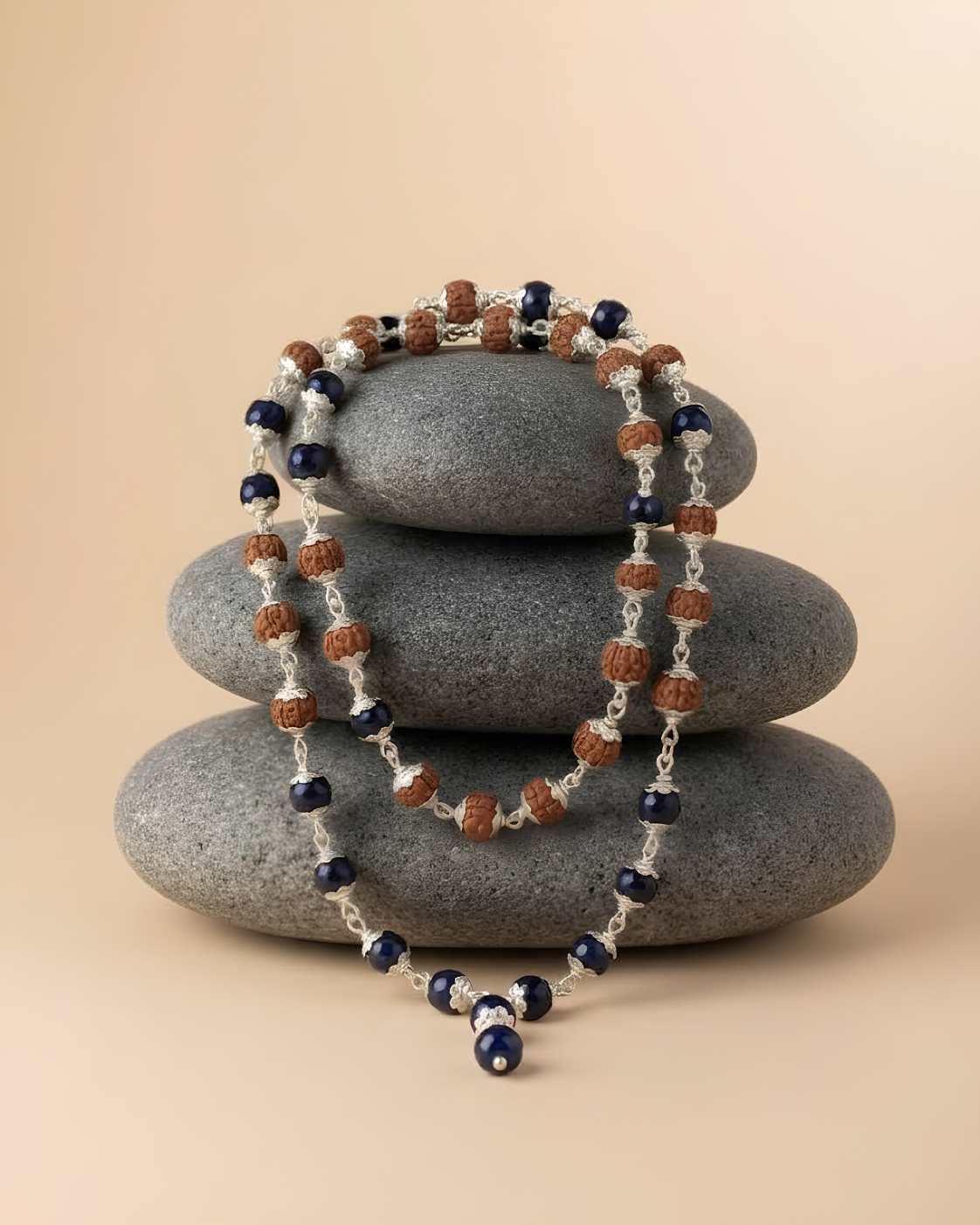 Natural Faceted Blue Sapphire & Rudraksha 925 Silver Flower Caps Mala Gemstone