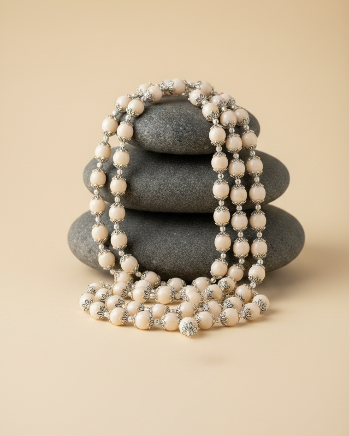 Natural White Coral 925 Silver Flower Caps Mala – 7mm Gemstone