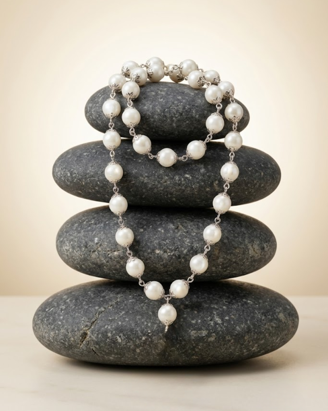 Natural White Coral Mala | Pure Silver Flower Caps | 9mm | 54+1 Beads