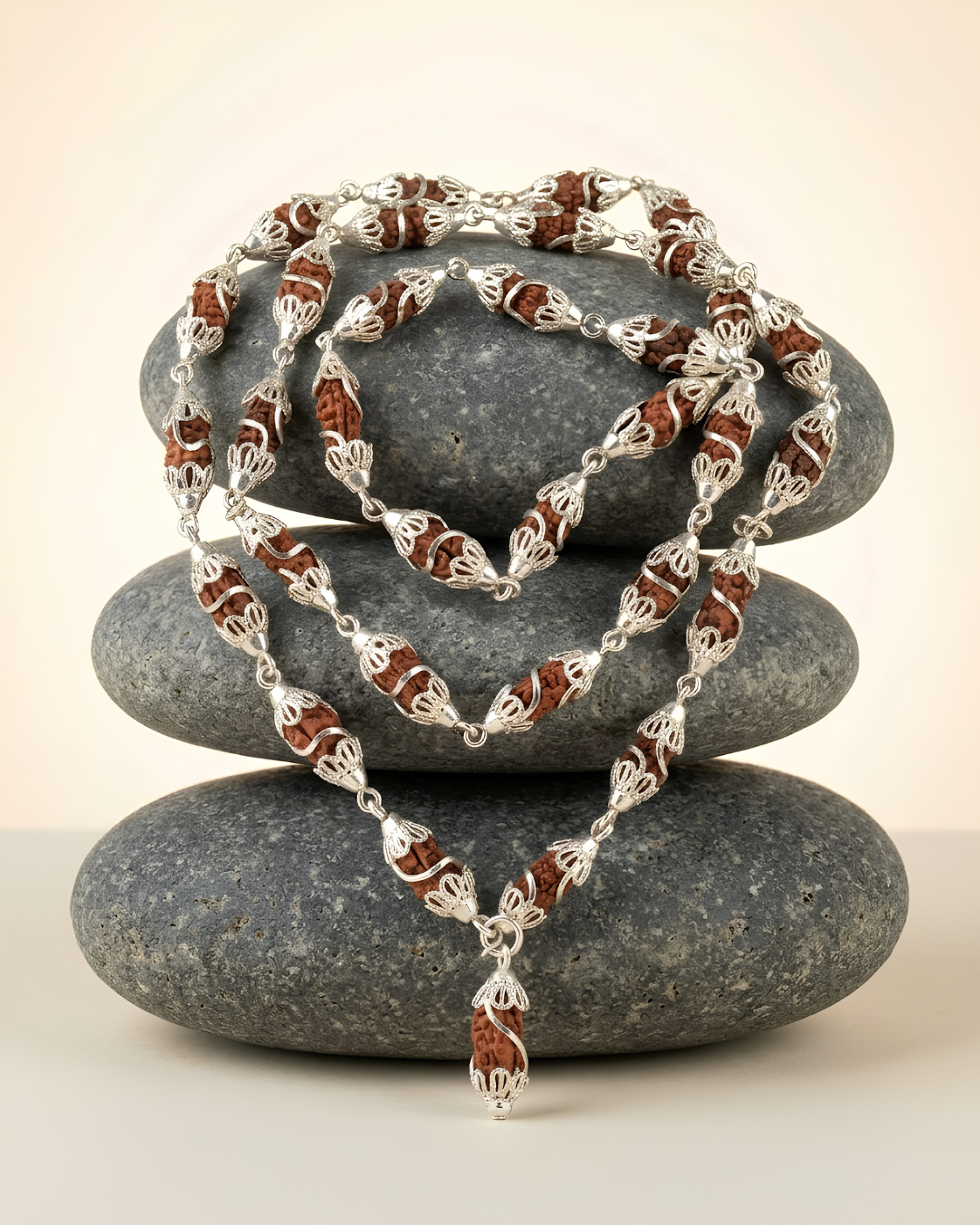 1 Mukhi Rudraksha Mala | 925 Silver Designer Caps | 32+1 Beads