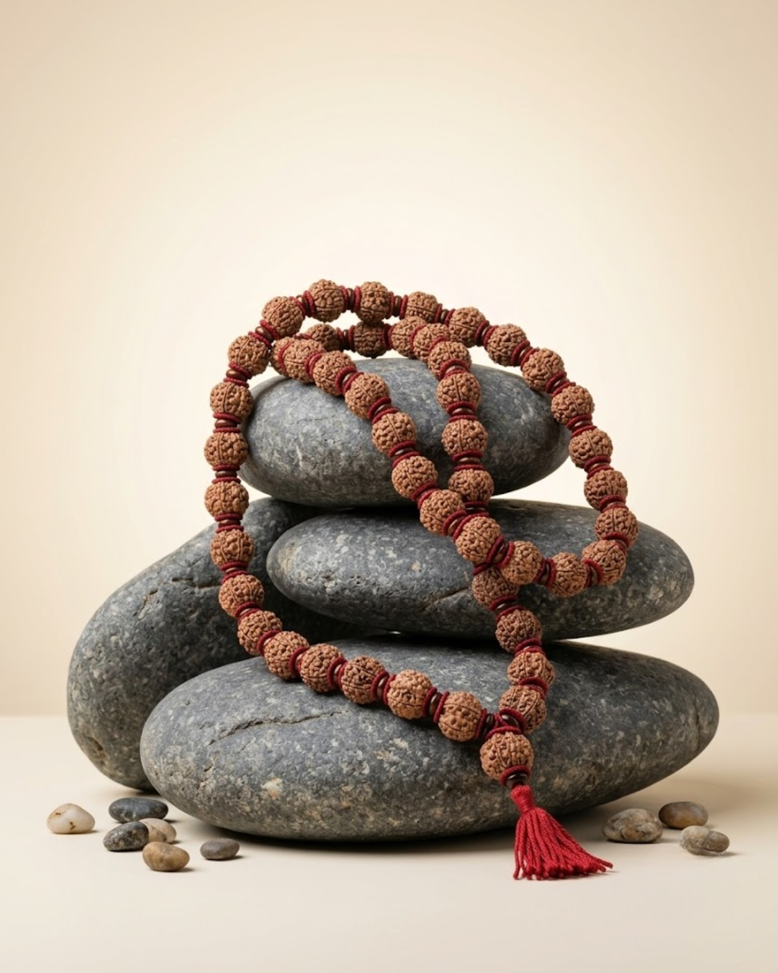 8 Mukhi Nepali Rudraksha Kantha Mala | Woolen & Red Sandalwood Spacers | 33 Beads
