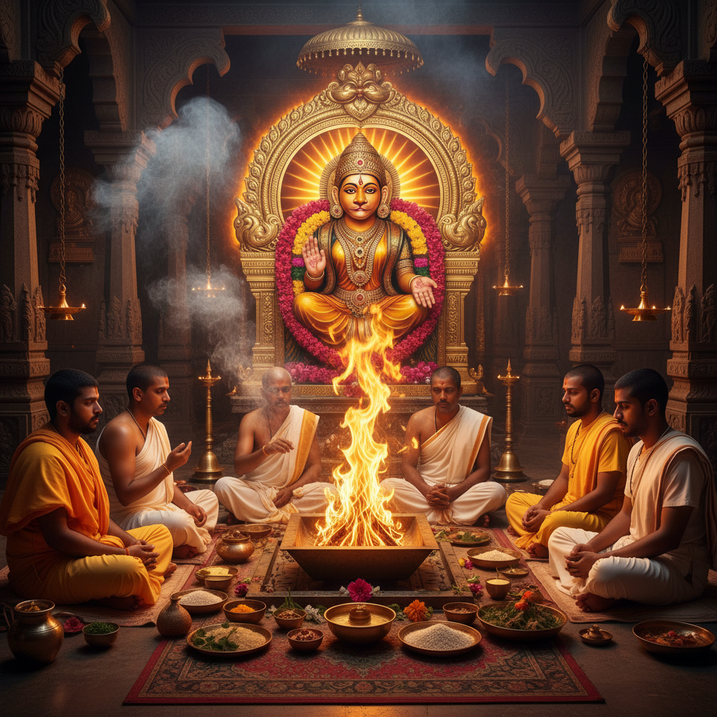 Pratyangira Devi Puja and Havan at Nalkheda Temple Ujjain-Regular Puja, Square image of  Puja with specific Lord visuals glowing in the background, 4–6 pandits sitting and performing pooja around a havan kund, traditional setup, spiritual atmosphere, high-quality.