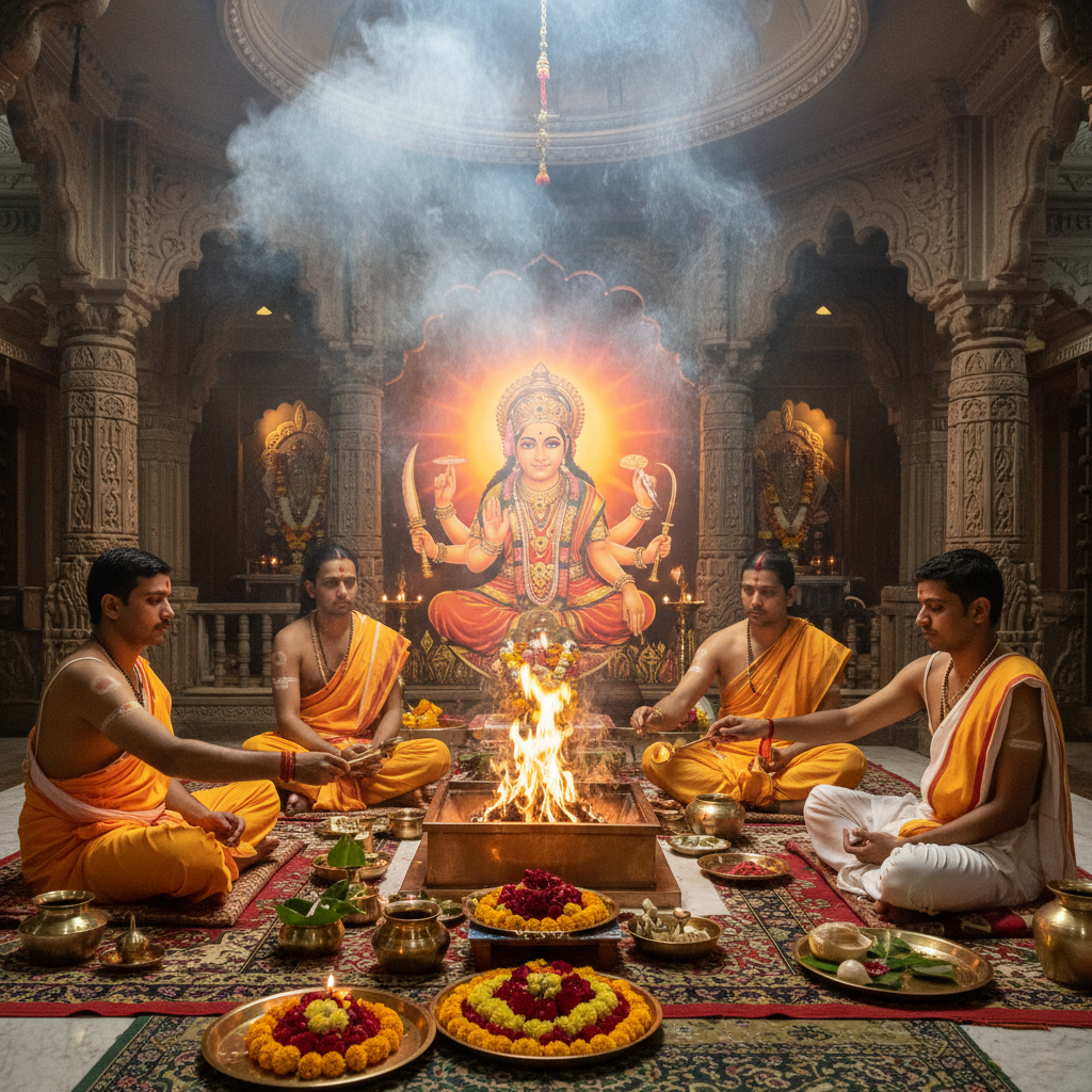 Puja at Chandi Devi Temple Haridwar, Square image of  Puja with specific Lord visuals glowing in the background, 4–6 pandits sitting and performing pooja around a havan kund, traditional setup, spiritual atmosphere, high-quality.