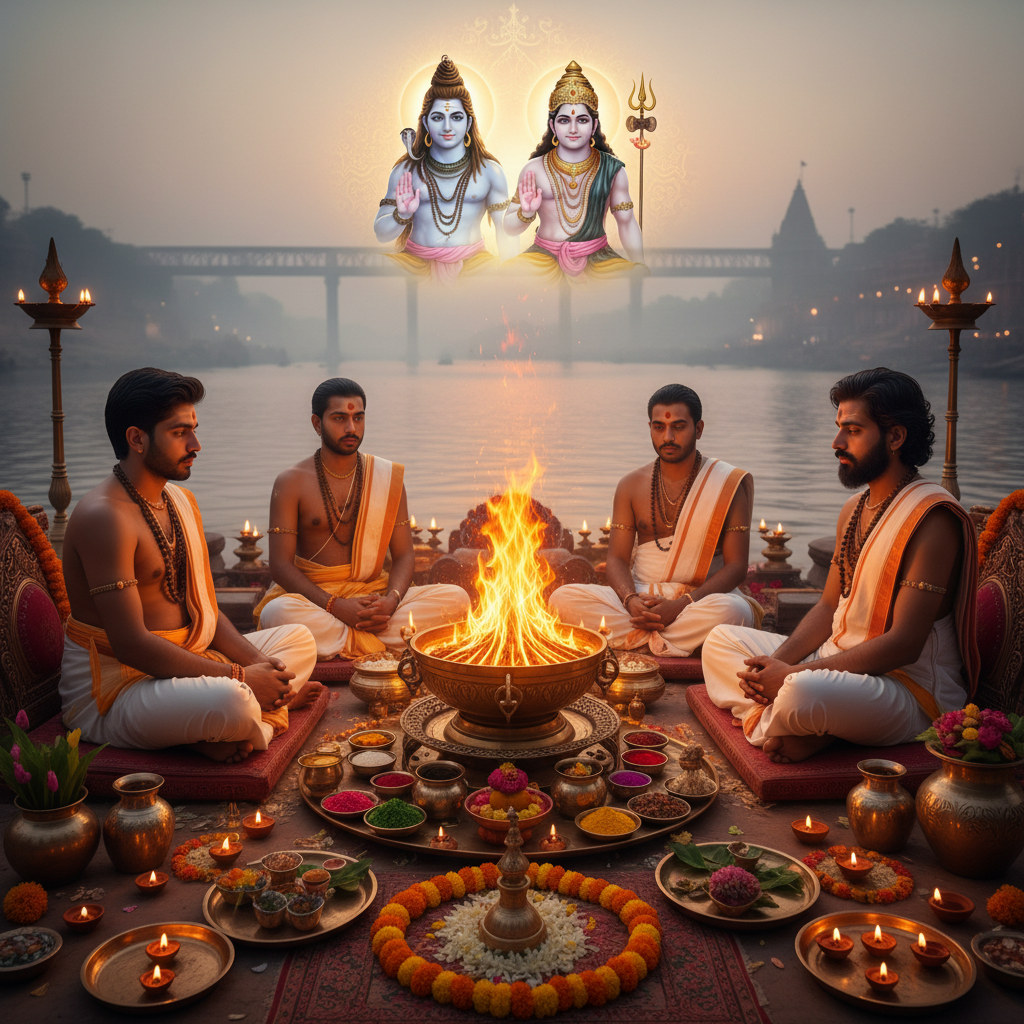 Puja at Har ki Pauri Haridwar, Square image of  Puja with specific Lord visuals glowing in the background, 4–6 pandits sitting and performing pooja around a havan kund, traditional setup, spiritual atmosphere, high-quality.
