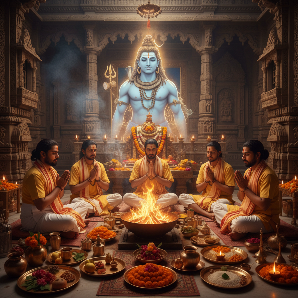 Puja at Kashi Vishwanath, Square image of  Puja with specific Lord visuals glowing in the background, 4–6 pandits sitting and performing pooja around a havan kund, traditional setup, spiritual atmosphere, high-quality.