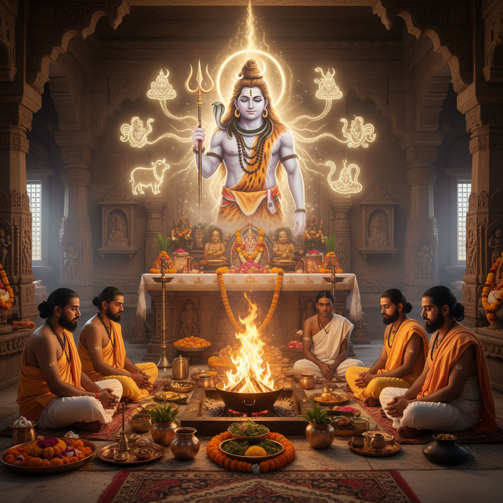 Puja at Mahamrityunjaya Temple Varanasi, Square image of  Puja with specific Lord visuals glowing in the background, 4–6 pandits sitting and performing pooja around a havan kund, traditional setup, spiritual atmosphere, high-quality.