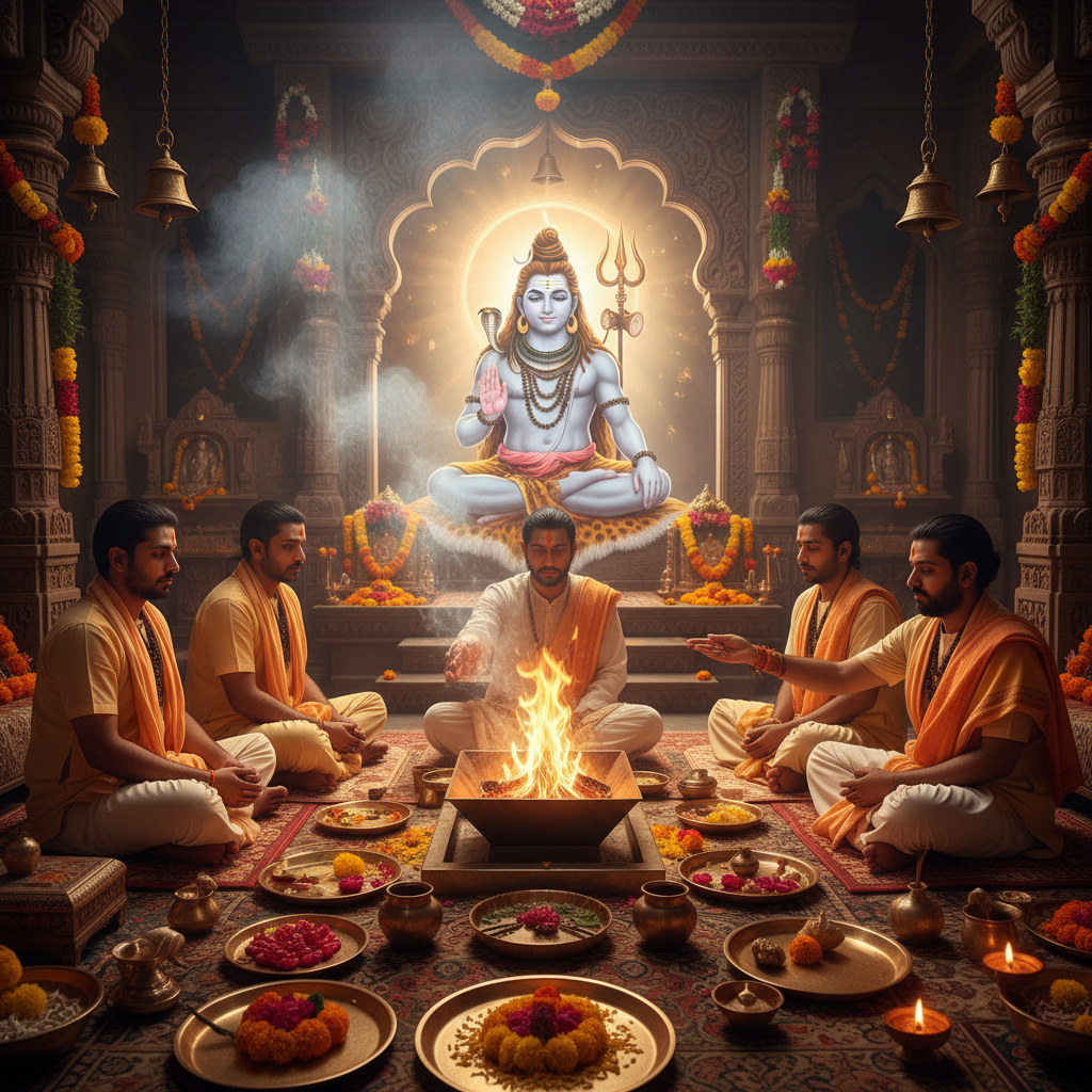 Puja at Mankameshwar Mahadev Temple Prayagraj, temple, Square image of  Puja with specific Lord visuals glowing in the background, 4–6 pandits sitting and performing pooja around a havan kund, traditional setup, spiritual atmosphere, high-quality.