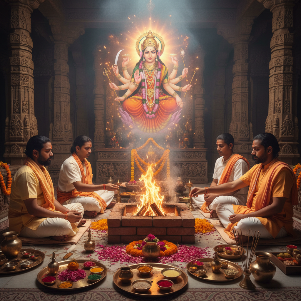 Puja at Mansa Devi Haridwar, Square image of  Puja with specific Lord visuals glowing in the background, 4–6 pandits sitting and performing pooja around a havan kund, traditional setup, spiritual atmosphere, high-quality.