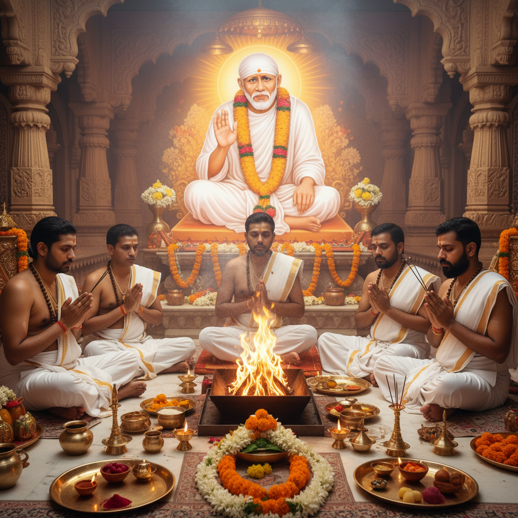 Puja at Sai Baba Temple Shirdi, Square image of  Puja with specific Lord visuals glowing in the background, 4–6 pandits sitting and performing pooja around a havan kund, traditional setup, spiritual atmosphere, high-quality.