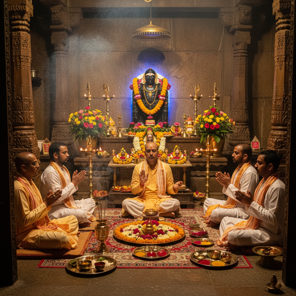 Puja at Shani Shingnapur Maharashtra-Without Homa, Square image of  Puja with specific Lord visuals glowing in the background, 4–6 pandits sitting and performing pooja around a havan kund, traditional setup, spiritual atmosphere, high-quality.