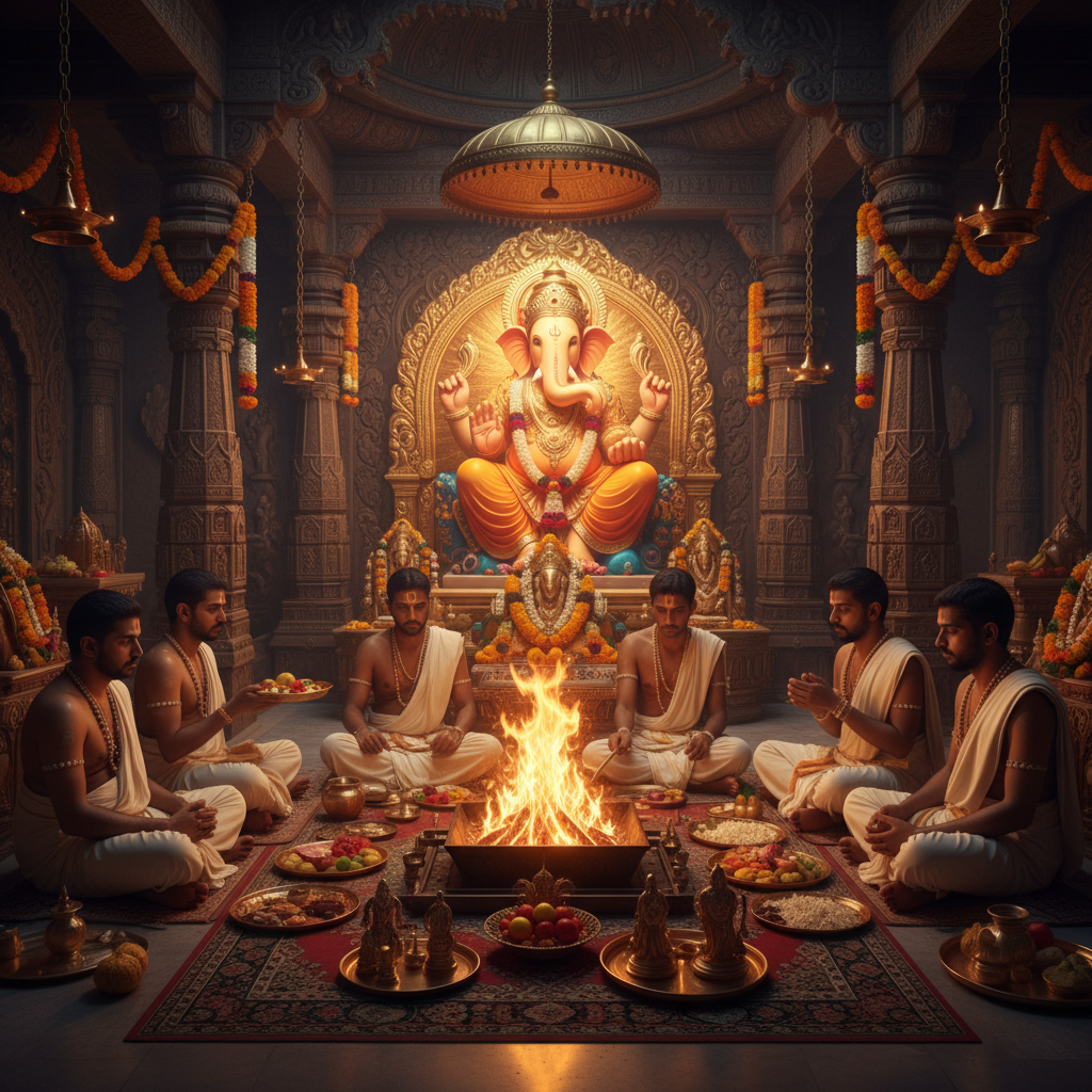 Puja at SiddhiVinayak Temple Mumbai-11 Avartan Shodashopchar Puja, Square image of  Puja with specific Lord visuals glowing in the background, 4–6 pandits sitting and performing pooja around a havan kund, traditional setup, spiritual atmosphere, high-quality.