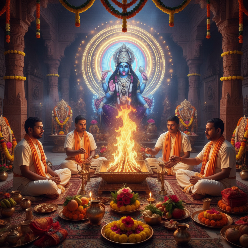 Puja at the Kalighat Kali Temple - Kolkata, Square image of  Puja with specific Lord visuals glowing in the background, 4–6 pandits sitting and performing pooja around a havan kund, traditional setup, spiritual atmosphere, high-quality.