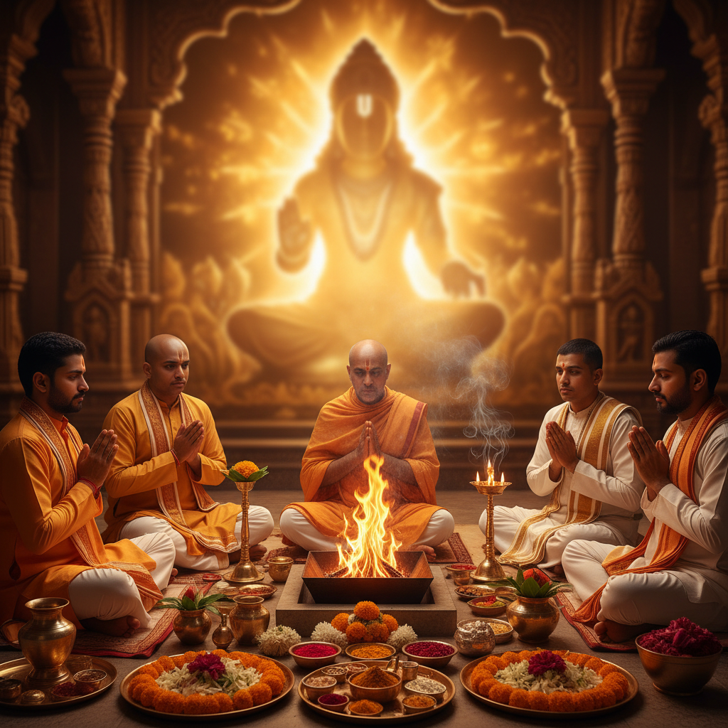 Puja for peace of mind - Moola Mantra Japa, Square image of  Puja with specific Lord visuals glowing in the background, 4–6 pandits sitting and performing pooja around a havan kund, traditional setup, spiritual atmosphere, high-quality.