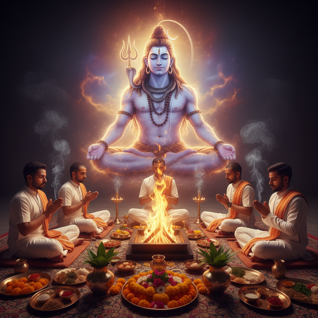 Puja for purification and cleansing, Square image of  Puja with specific Lord visuals glowing in the background, 4–6 pandits sitting and performing pooja around a havan kund, traditional setup, spiritual atmosphere, high-quality.