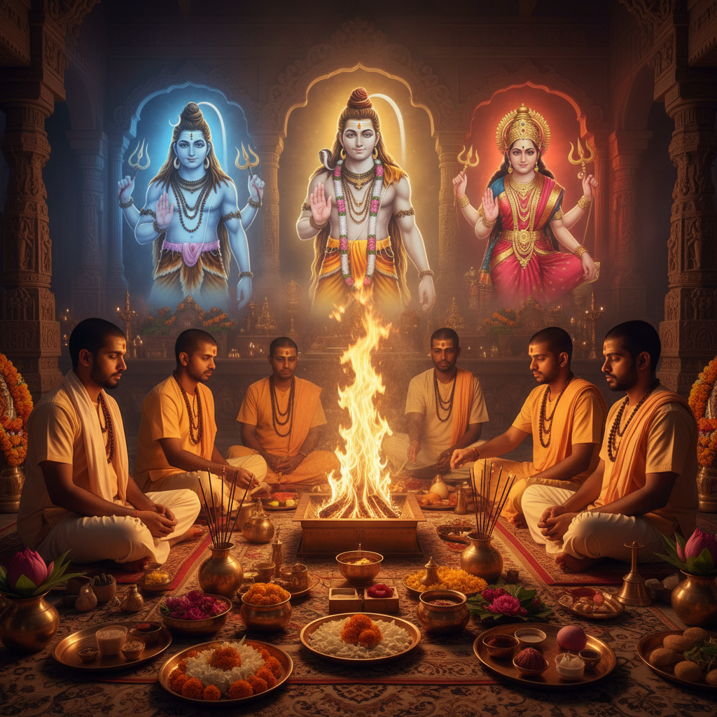 Puja for Restoration of Good Health and Protection from Diseases, Square image of  Puja with specific Lord visuals glowing in the background, 4–6 pandits sitting and performing pooja around a havan kund, traditional setup, spiritual atmosphere, high-quality.