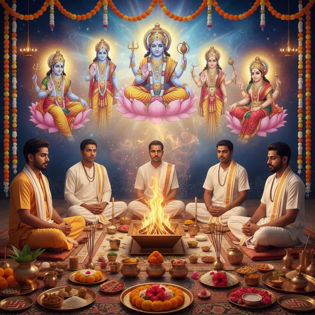Puja for Wellbeing of Pregnant Mother and Baby, Square image of  Puja with specific Lord visuals glowing in the background, 4–6 pandits sitting and performing pooja around a havan kund, traditional setup, spiritual atmosphere, high-quality.