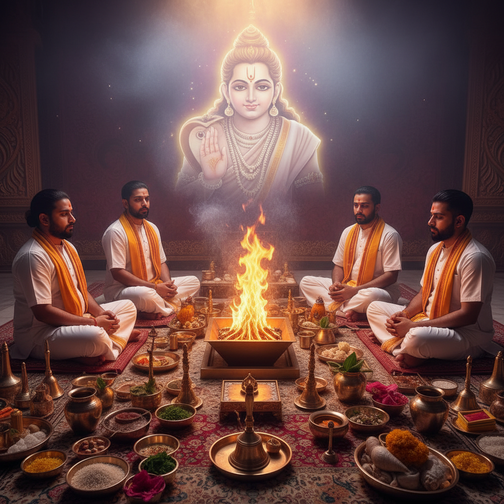 Rahu Grah Shanti Puja and Mantra, Square image of  Puja with specific Lord visuals glowing in the background, 4–6 pandits sitting and performing pooja around a havan kund, traditional setup, spiritual atmosphere, high-quality.