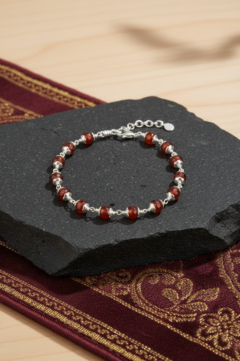 Natural Red Carnelian Faceted Bracelet with 925 Silver Flower Caps – 8mm Healing & Meditation Gemstone Bracelet