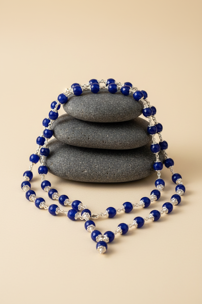 Natural Blue Onyx Faceted Mala with 925 Silver Flower Caps