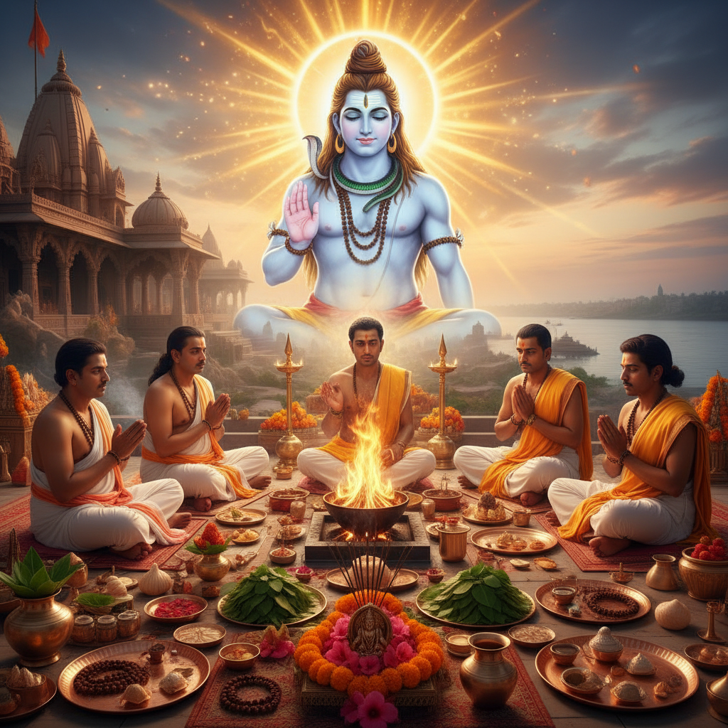 Rudrabhishek at Prayagraj, Square image of  Puja with specific Lord visuals glowing in the background, 4–6 pandits sitting and performing pooja around a havan kund, traditional setup, spiritual atmosphere, high-quality.