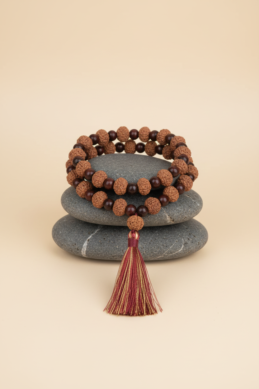 9 Mukhi Rudraksha & Red Sandalwood Mala – 12 mm | 55 Beads
