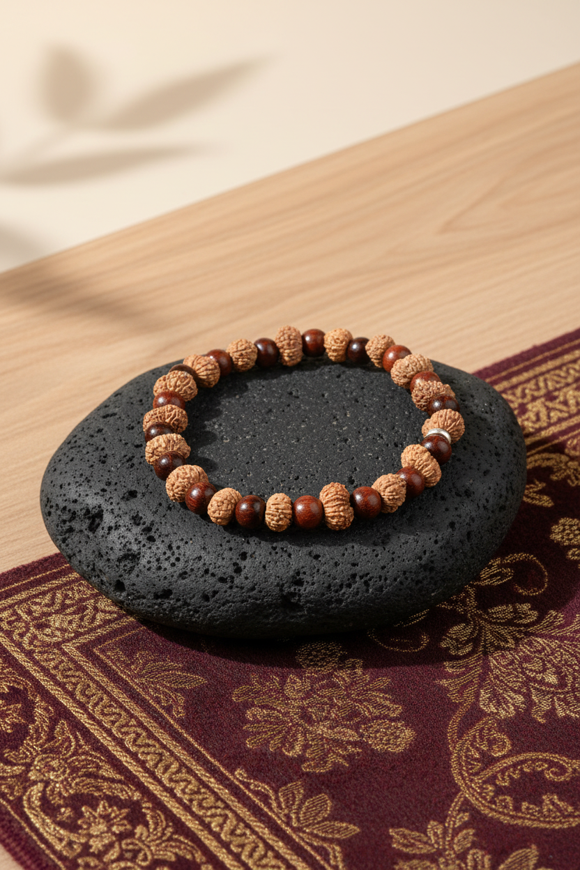 14 Mukhi Rudraksha & Red Sandalwood Bracelet | Hanuman Blessing
