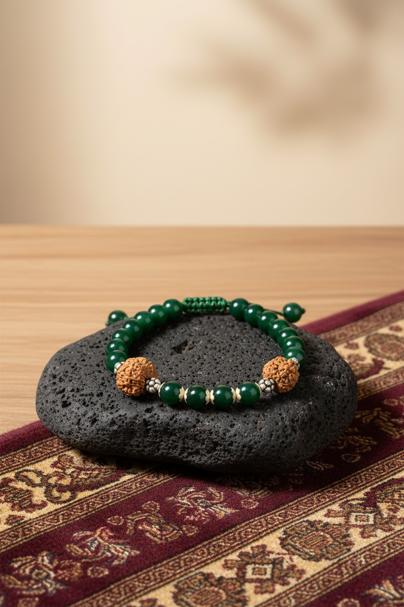 15 Mukhi Rudraksha & Green Onyx Mala and Bracelet Set | Pashupatinath Blessing