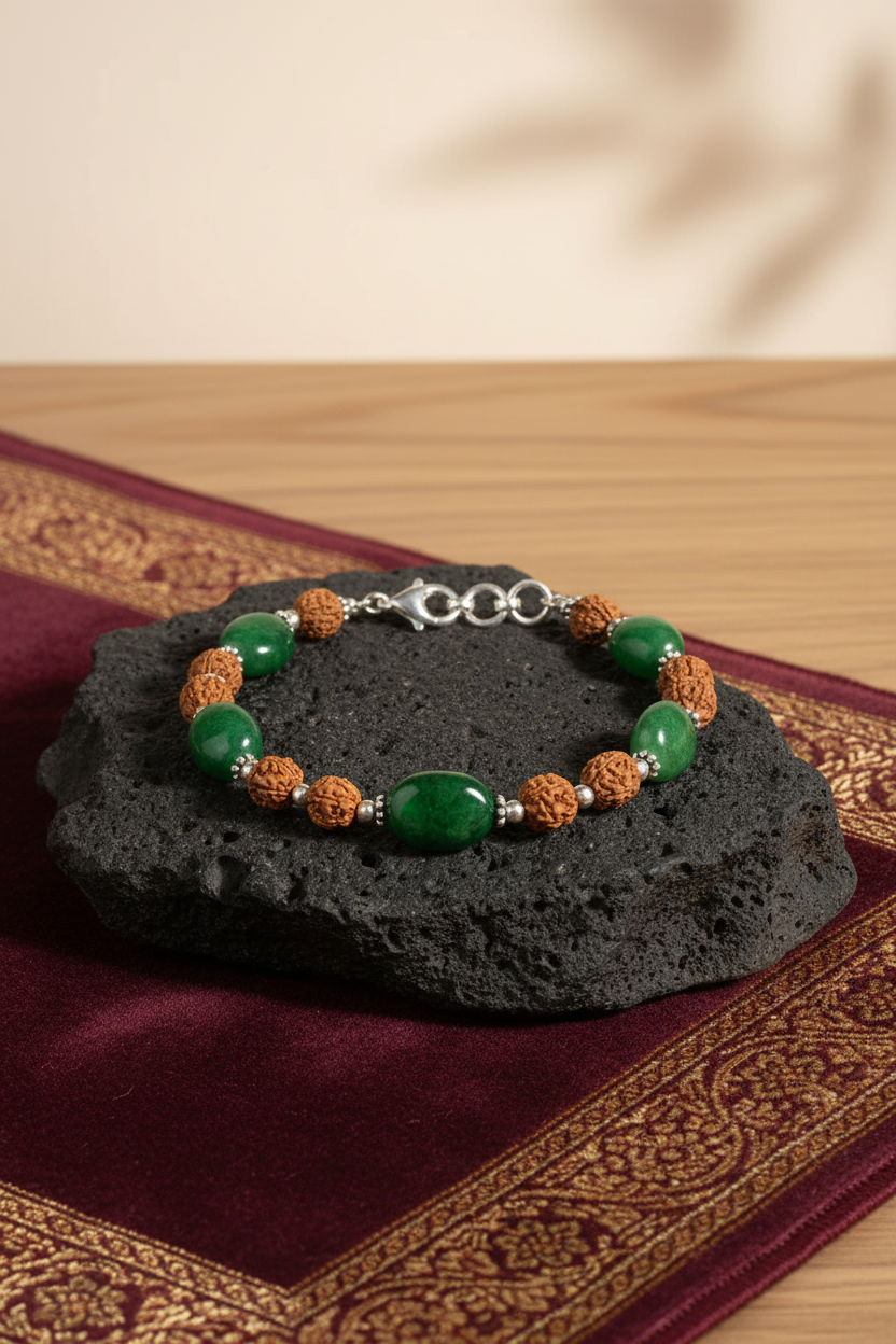 Natural Emerald Oval & 5 Mukhi Rudraksha Silver Bracelet | 30 Carat Healing Gemstone Bracelet