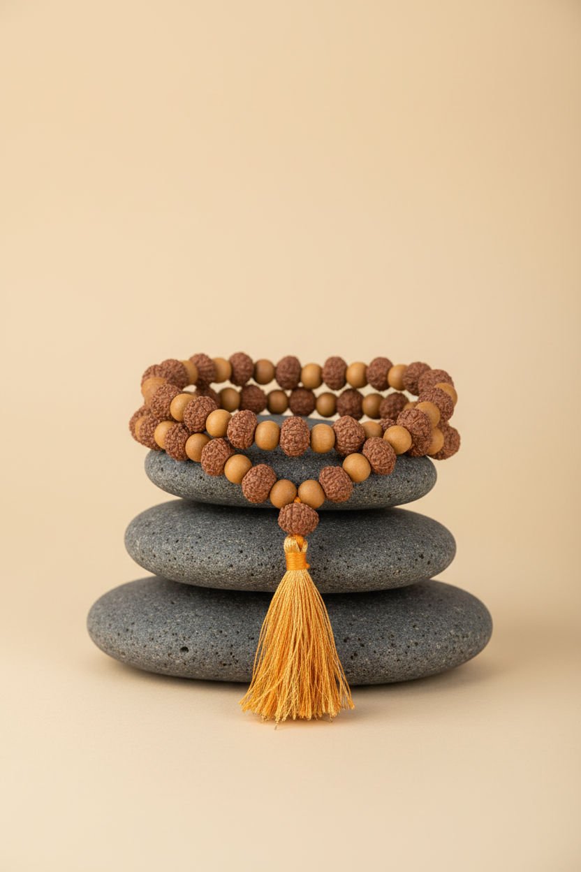 9 Mukhi Rudraksha & Sandalwood Mala | 10mm | 55 Beads | 34 Inches