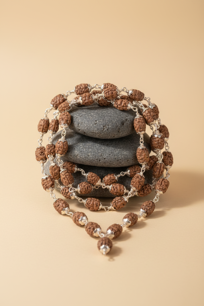 2 Mukhi Rudraksha Mala with German Silver Flower Caps – 10 mm