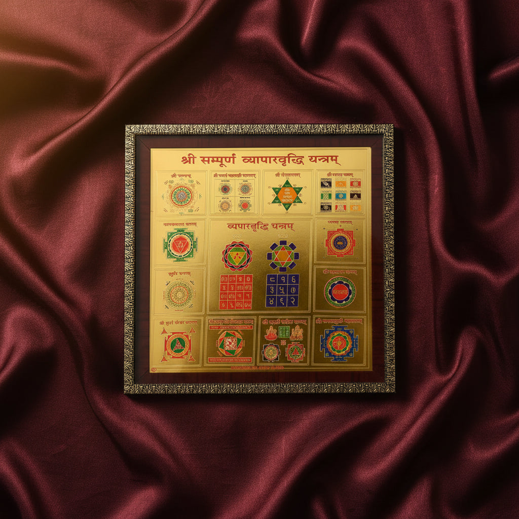 Sampoorna Vyapar Vriddhi Yantra on Golden Sheet with Frame For Shop/Store/Offices - 9x9 Inches