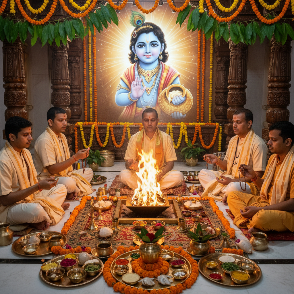 Santan Gopal Yagna, Square image of  Puja with specific Lord visuals glowing in the background, 4–6 pandits sitting and performing pooja around a havan kund, traditional setup, spiritual atmosphere, high-quality.