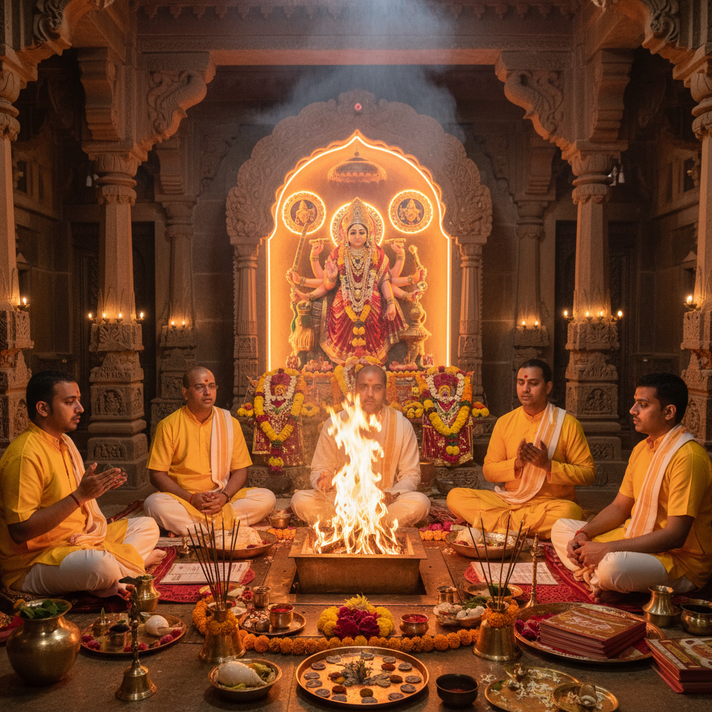 Sat Chandi Paath & Havan at Nalkheda Temple Ujjain-Samputit Satchandi Paath, Square image of  Puja with specific Lord visuals glowing in the background, 4–6 pandits sitting and performing pooja around a havan kund, traditional setup, spiritual atmosphere, high-quality.
