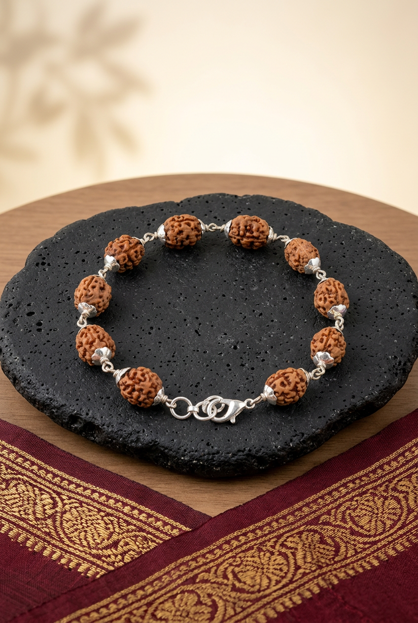 3 Mukhi Rudraksha Bracelet with 925 Sterling Silver Flower Caps – Adjustable Spiritual Bracelet