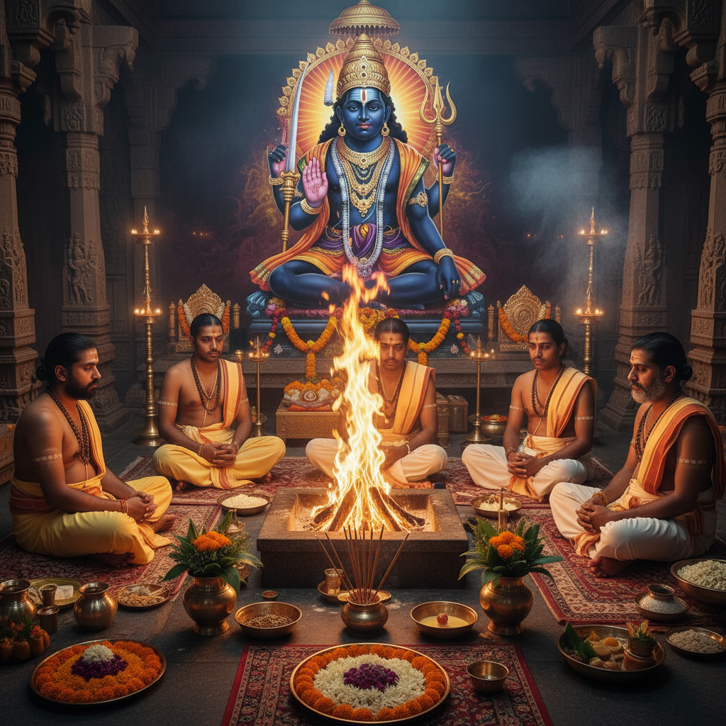 Shani Sade Sati Mantra Japa and Yagna, Square image of  Puja with specific Lord visuals glowing in the background, 4–6 pandits sitting and performing pooja around a havan kund, traditional setup, spiritual atmosphere, high-quality.