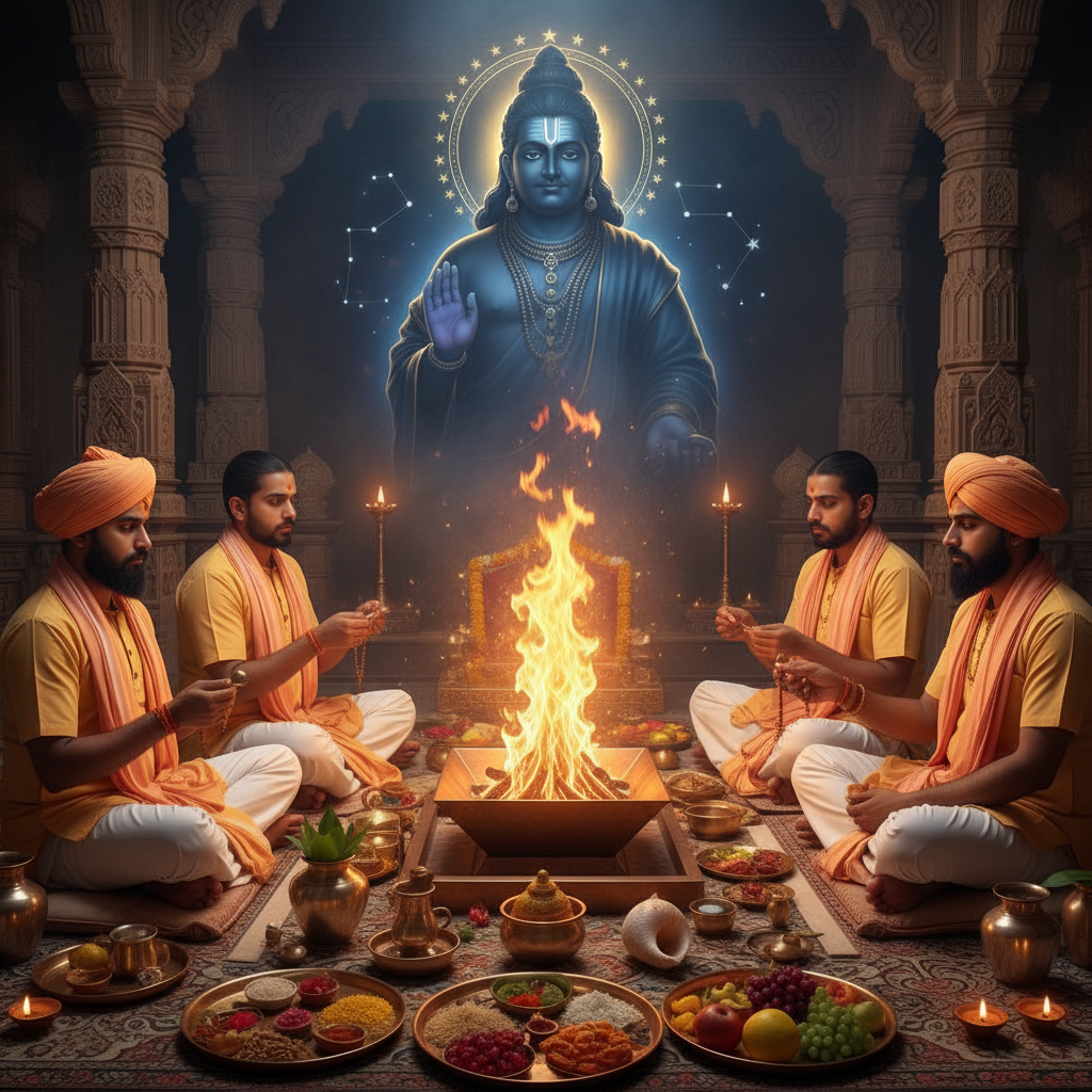 Shani (Saturn) grah Shanti puja mantra japa and Yajna, Square image of  Puja with specific Lord visuals glowing in the background, 4–6 pandits sitting and performing pooja around a havan kund, traditional setup, spiritual atmosphere, high-quality.