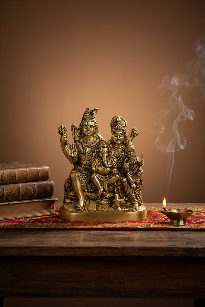 Shiv Parivar Brass Idol | Shiva Parvati Ganesha Kartikeya Murti | 2250g Handcrafted Sacred Statue - ManiMonk