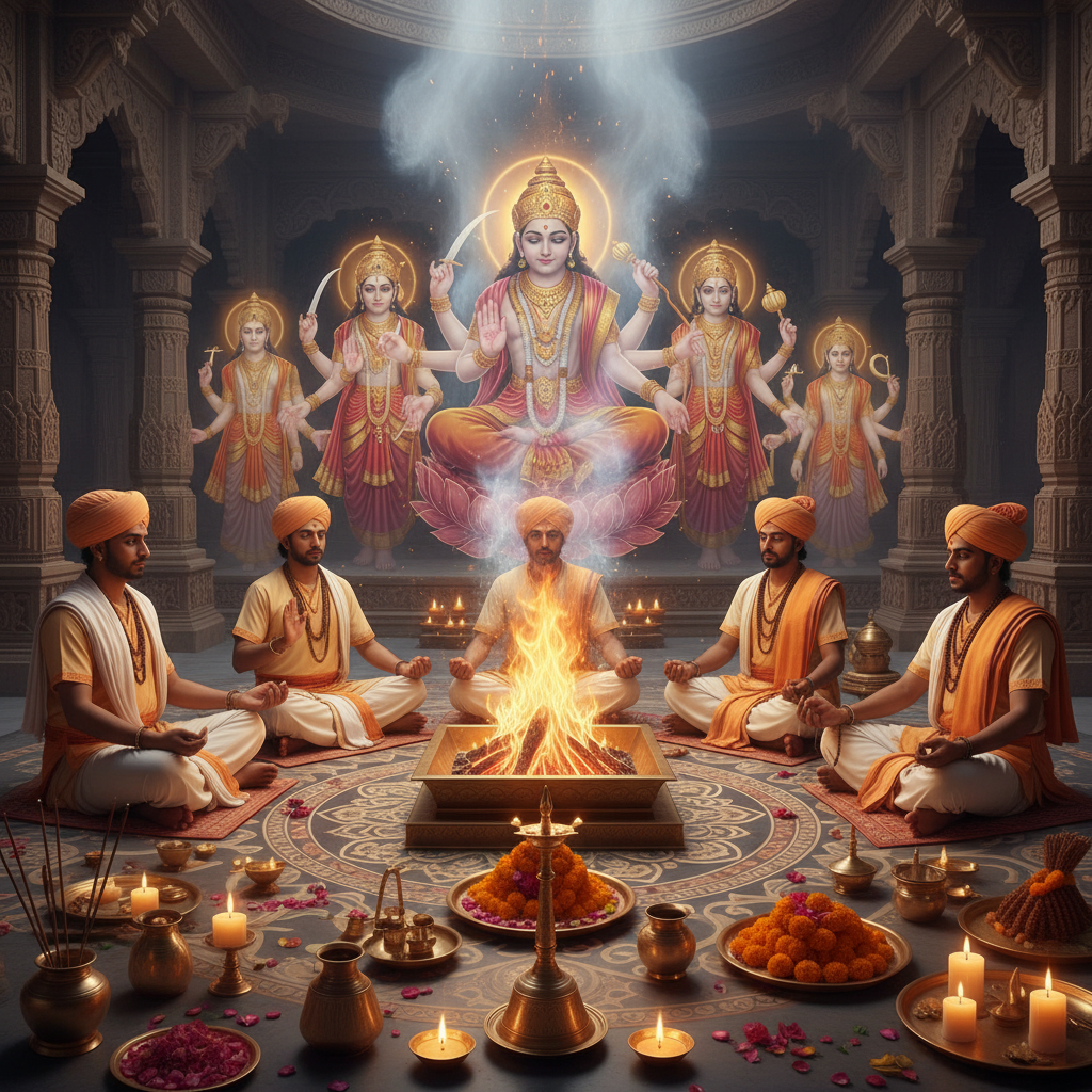 Shree Chausath Maha Yogini Puja Mantra Japa and Yagna, Square image of  Puja with specific Lord visuals glowing in the background, 4–6 pandits sitting and performing pooja around a havan kund, traditional setup, spiritual atmosphere, high-quality.