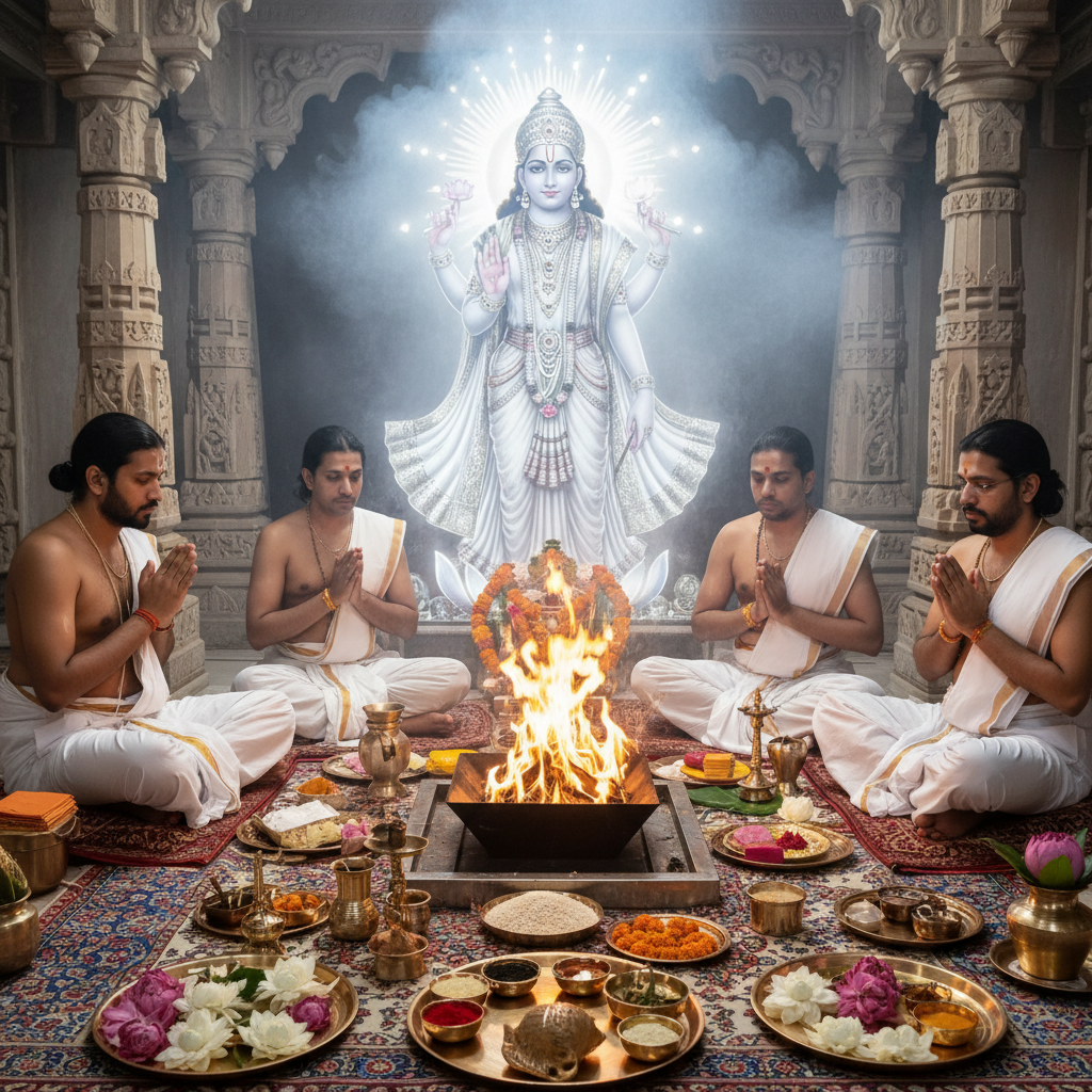 Shukra (Venus) Grah Puja Mantra Japa and Yagna, Square image of  Puja with specific Lord visuals glowing in the background, 4–6 pandits sitting and performing pooja around a havan kund, traditional setup, spiritual atmosphere, high-quality.