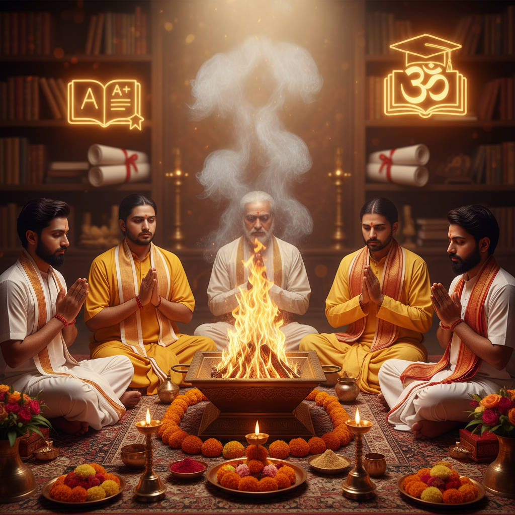 Siddh Puja for Success in Competitive Exams, Square image of  success and exam  in the background, 4–6 pandits sitting and performing pooja around a havan kund, traditional setup, spiritual atmosphere, high-quality.